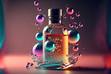 Fototapeta premium Molecular background and liquid bubble of cosmetic essence. Generative AI