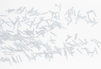 Screwdriver Nail fly floating in mid air. Many group screw nails short long metal fall as construction tools. Black background isolated. New Screwdriver Nail fall down unbox steel hardware work