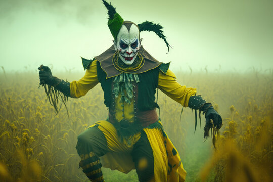 Halloween. Evil harlequin on a foggy, lush field of rapeseed. frightening jester outfit. Knife wielding evil clown. Concept of horror and fear. Harlequin dancing is eerie. traditional October carnival