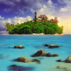 Tropical paradise colorful beautiful cartoon art distant castle on an island