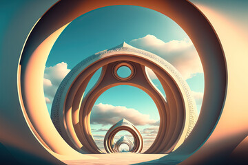 Futuristic fantasy abstract architecture future structures with portals. Round arches act as portals to the fantastical realm. Generative AI