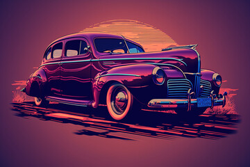 Vintage Car Vector, Neon Car Abstract Art, Vintage Car Line Art, Car Poster, Colorful Car Illustration, Car Print, Web