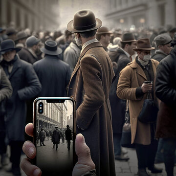 A photo depicts a time traveler, standing out in a crowd of people dressed in 1920s attire. The traveler holds an iPhone, capturing a photo of the onlookers who seem curious about the device.