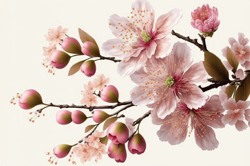Obraz na płótnie Canvas Isolated cherry blossom with sakura blooms on a white backdrop. Isolated cherry blossom with sakura blooms on a white backdrop. Pink flowering flowers, cherry blossoms, and a white background