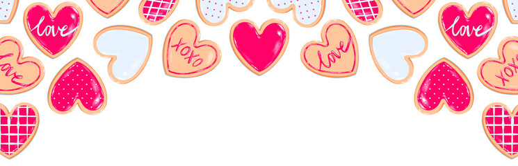Valentine's Day banner - heart cookies red white icing drawing. Sweet dessert love baked goods illustration - transparent background png valentine's graphic resource for newsletter, blog, social