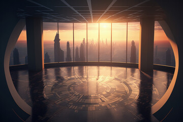 sunrise view of a contemporary metropolis from an empty floor. Generative AI