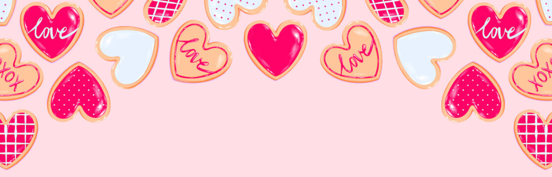 Valentine's Day banner - heart shaped cookie assortment with red white icing decoration designs. Sweet dessert love baked goods illustration. valentine's graphic resource for newsletter, blog, social