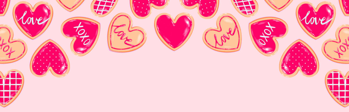 Valentine's Day banner - heart shaped cookie assortment with red icing decoration designs. Sweet dessert love baked goods illustration. valentine's graphic resource for newsletter, blog, social