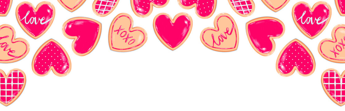 Valentine's Day banner - heart cookies red white icing. Sweet dessert love baked goods illustration - transparent background png design | valentine's graphic resource for newsletter, blog, social