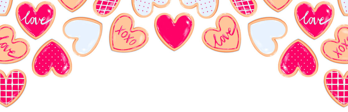 Valentine's Day banner - heart cookies red white icing drawing. Sweet dessert love baked goods illustration - transparent background png valentine's graphic resource for newsletter, blog, social