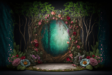 Display Stage Platform with Natural Floral Foliage and Leaves Background Generative Ai