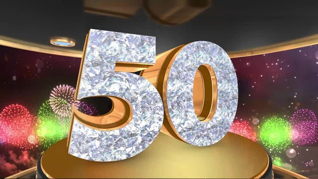 50th birthday animation in gold and diamonds with fireworks background, 
Animated 50 years Birthday Wishes in 4K