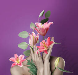 Young woman with beautiful flowers and leaves instead of head on purple background. Stylish...