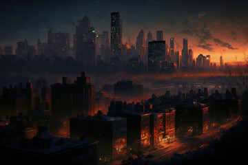 Fototapeta premium At nightfall, a contemporary metropolitan skyline with buildings can be seen. Generative AI