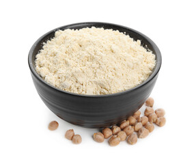 Chickpea flour in bowl and seeds isolated on white