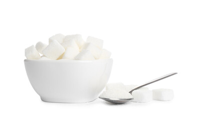 Ceramic bowl and spoon with refined sugar cubes on white background