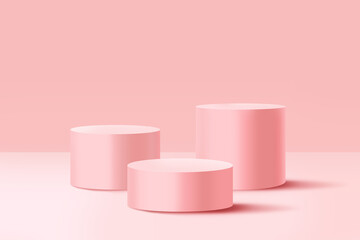 Empty podiums, pedestals or platforms on a peach pastel background. Minimal scene with geometric shapes for product presentation.