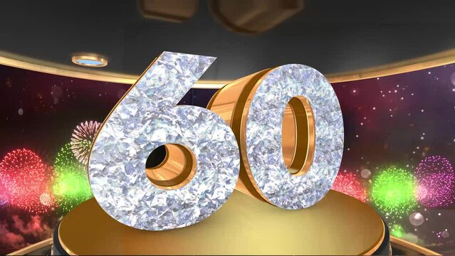 60th birthday animation in gold and diamonds with fireworks background, 
Animated 60 years Birthday Wishes in 4K 
