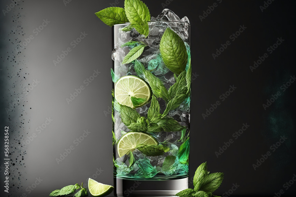 Sticker On a background of grey stone, a mojito cocktail with lime and mint is served in a highball glass. the space bar. Generative AI