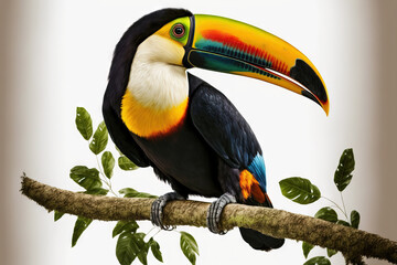 On a white, isolated background, a toucan bird is perched on a branch. Generative AI
