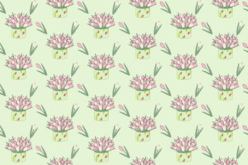 Endless pattern of Bouquet from blooming colorful tulip flowers in cartoon style in trendy pale hues