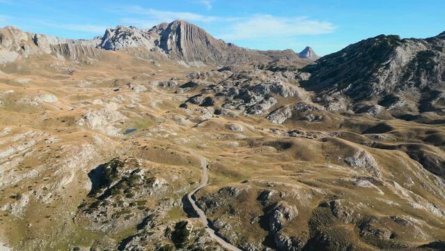 aerial view mountain valley in durmitor national park, montenegro. Sunny autumn day. 