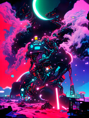 The Last of its Kind - Neon Ink Illustration, Ancient giant alien, Generative AI
