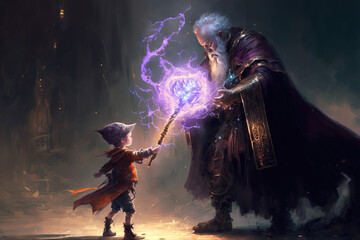 youngster battling a wizard with a luminous sword in a piece of digital art. Generative AI