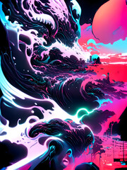 Obraz premium Neo Seaside Wave - Neon Ink Illustration, Generative AI 