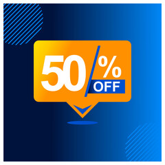 50 percent off. Yellow banner with floating balloon for promotions and offers