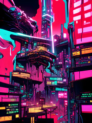 Sunset Dystopian City - Neon Ink Illustration, Futuristic city with neon lights, Generative AI
