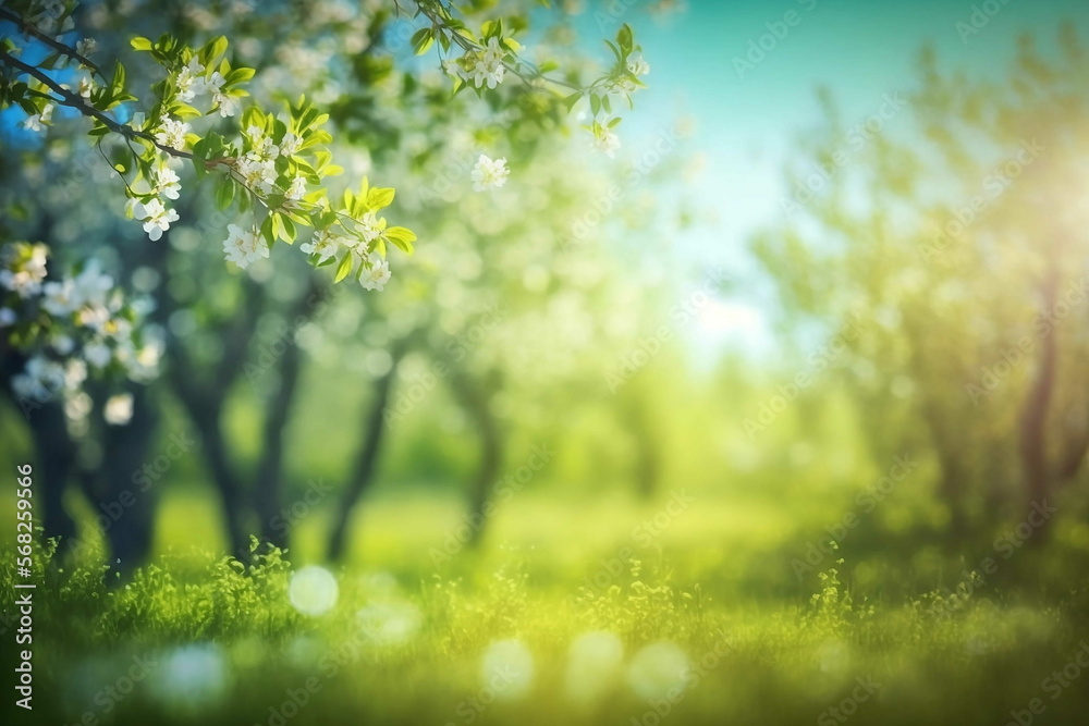 Wall mural beautiful blurred spring background nature with bloomin, generative ai, spring, season, warmer weath