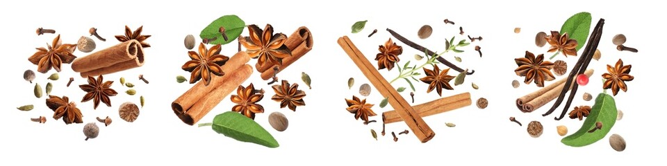 Collage with many different spices falling on white background
