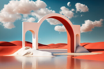 Obraz na płótnie Canvas a fantastical desert seascape on a sunny day with a red arch and white clouds in the sky. Water and a contemporary basic abstract background with a simple geometric shape. Generative AI