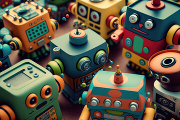 Close up view of colorful mixed vintage tin robot toys collection. Generative AI