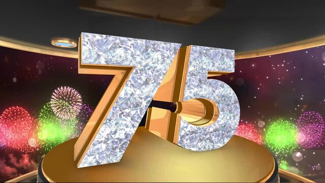 75th birthday animation in gold and diamonds with fireworks background, 
Animated 75 years Birthday Wishes in 4K
