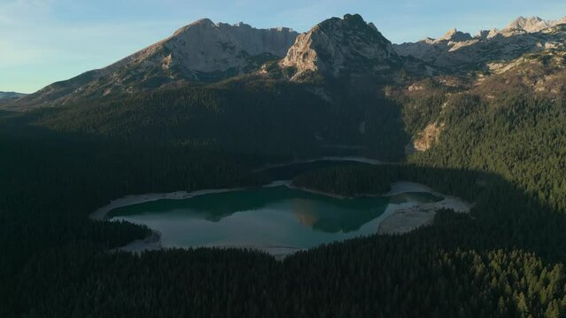 Aerial view - black lake in durmitor national park in Montenegro. Establishing shot
