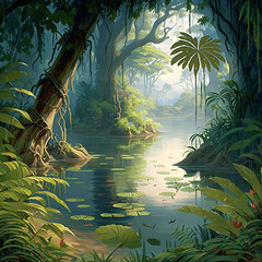 Beautiful Jungle background, illustration, painting. Generative AI