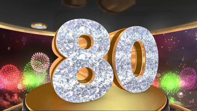 80th birthday animation in gold and diamonds with fireworks background, 
Animated 80 years Birthday Wishes in 4K