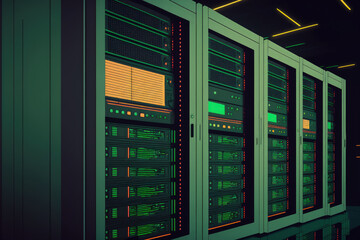 A data center's cluster of server racks (shallow DOF; color toned image). Generative AI