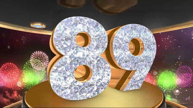 89th birthday animation in gold and diamonds with fireworks background, 
Animated 89 years Birthday Wishes in 4K 