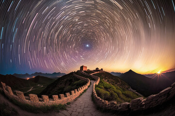 great wall of china exposure timelapse astronomical star trails - illustration - Generative AI
