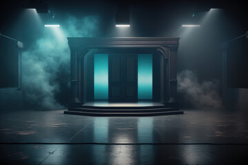 Dark stage performances, a blue colored background, a pitch black setting, neon lights, and spotlights The studio room's interior texturing for displaying merchandise has an asphalt floor and smoke fl