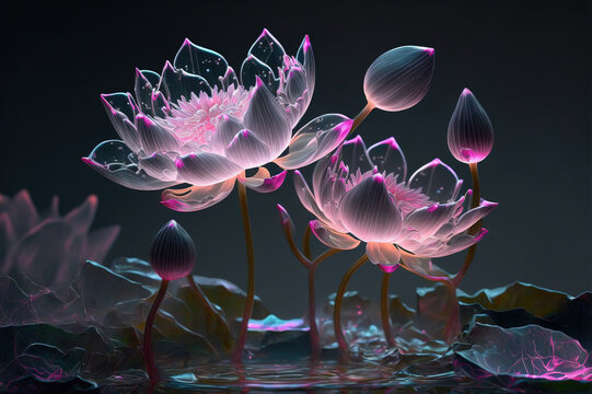 Dreamlike image of light glowing lotus flower or water lily with transparent pink illumination under dark night sky . Sublime Generative AI image .