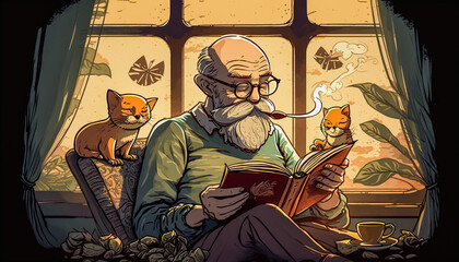 Senior Reading a Book with two Cats ~ Created using Generative AI
