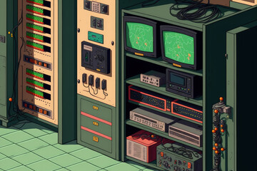 television signal's receivers and transmitters put in a rack in a TV station's server room. Generative AI