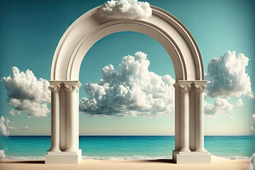 Displaying products against a backdrop of natural beauty features a gorgeous cloud and an arch frame. Beautiful sight of the sea. Generative AI