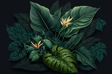 Spathiphyllum cannifolium leaves with an abstract dark green surface, a background made of nature, and tropical leaves. Generative AI