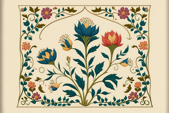 mughal art flower banch botanical theme and ethnic border motif. Generative AI