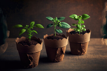 Potted seedlings with copy space growing in biodegradable peat moss pots on a wooden background. Generative AI